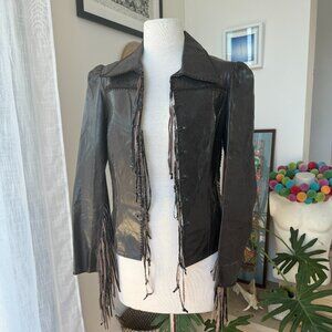 Filippa Brown Leather Jacket Capped Sleeves Fringe Festival Boho Size 6 8